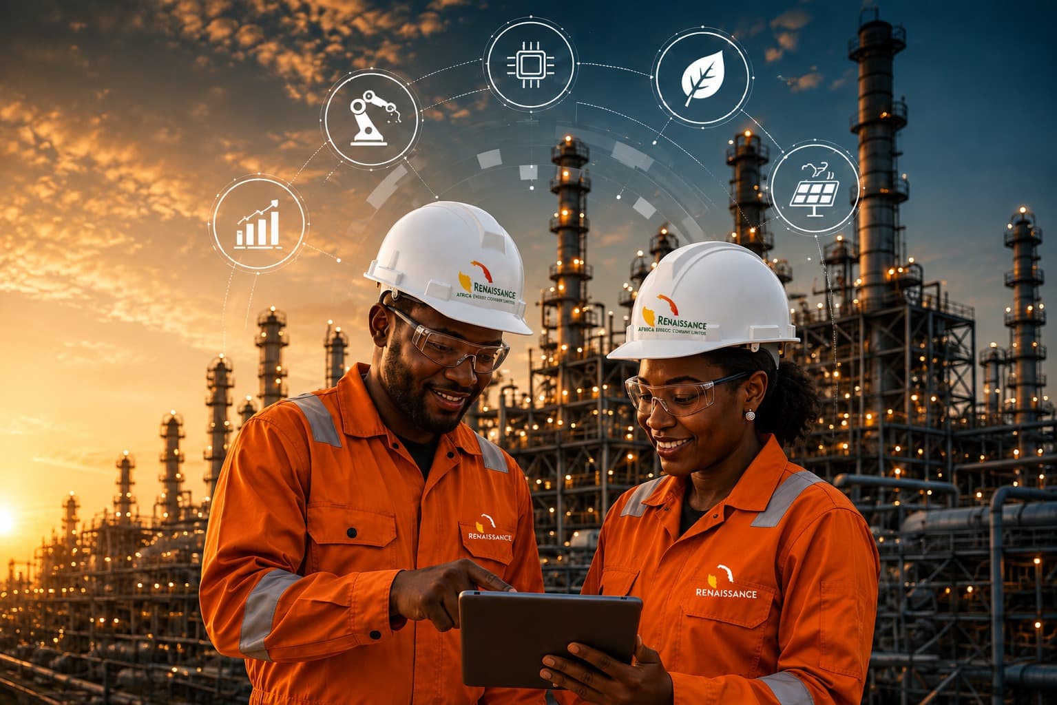 Renaissance engineers reviewing digital operations data on site